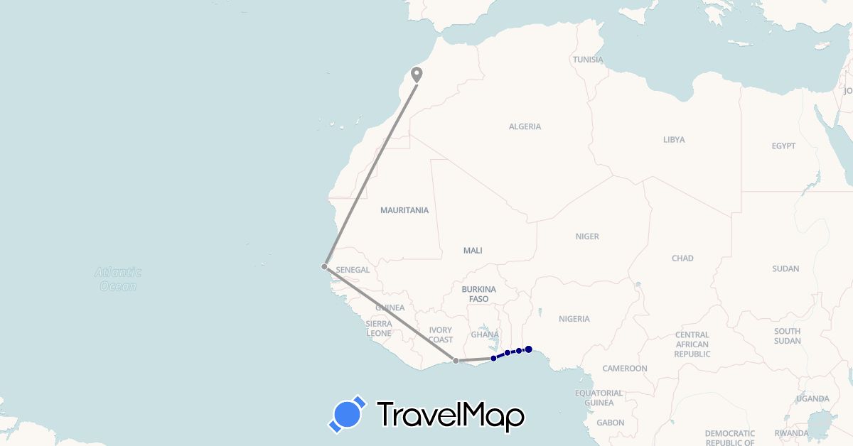TravelMap itinerary: driving, plane in Benin, Côte d'Ivoire, Ghana, Morocco, Nigeria, Senegal, Togo (Africa)