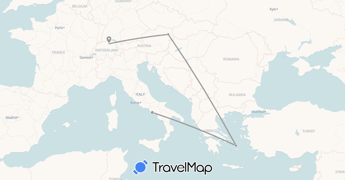 TravelMap itinerary: plane in Austria, Switzerland, Greece, Italy (Europe)
